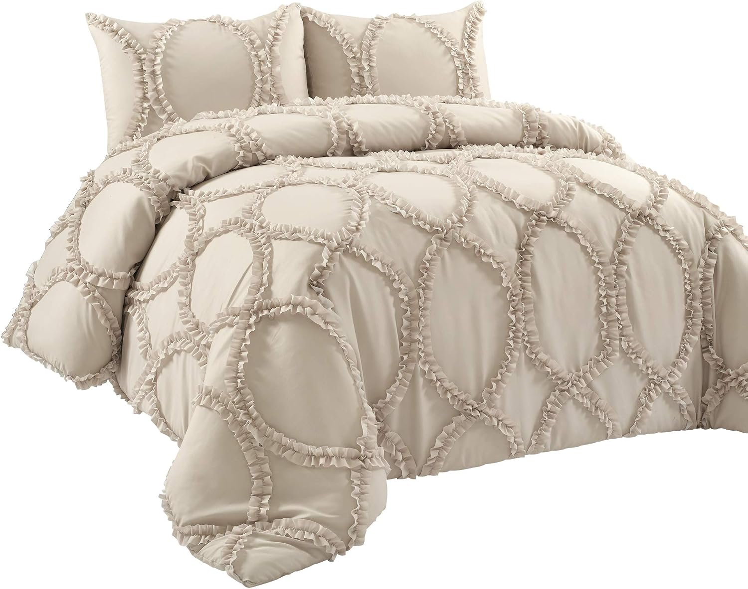 Lush Decor Avon Comforter Set, 3 Piece Set, King, Neutral - Beige Comforters King Size Comforter - Ruffled Bedding Set - Vintage Coquette Decor