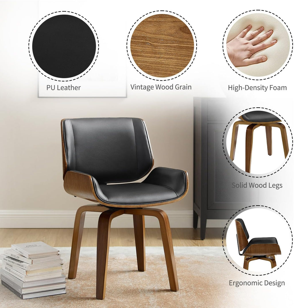 Zouron 360° Swivel Dining Chairs, Mid Century Modern Retro Faux Leather Chair with Walnut Bentwood Legs, Kitchen Dining Room Chairs with Upholstered Seat, (Set of 4, Black)