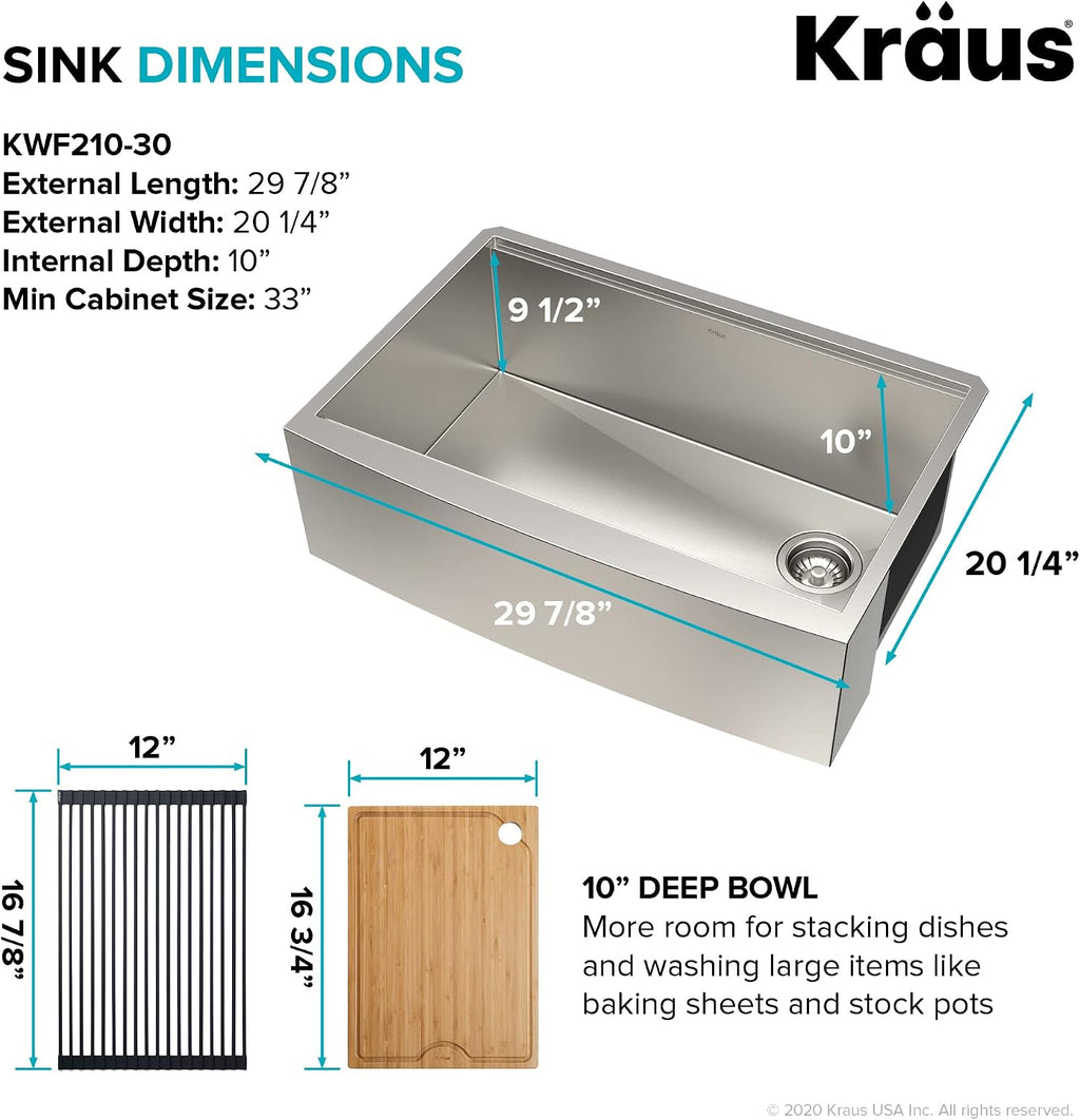 Kraus Kore 30-Inch Farmhouse Workstation with In Sink Dish Drying Rack, Stainless Steel Kitchen Sink, KWF410-30