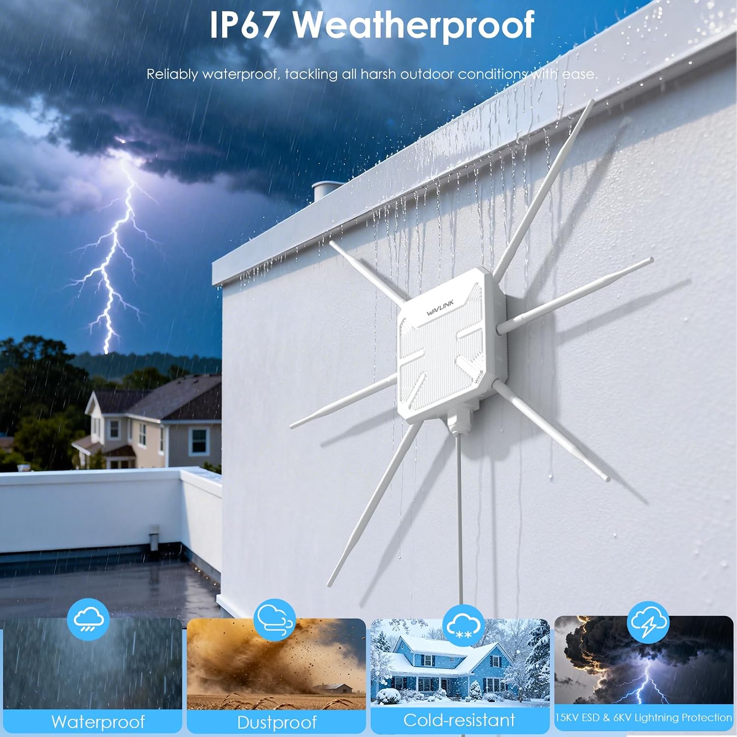 WAVLINK AX3000 Outdoor WiFi 6 Extender, Long Range Outdoor Access Point, 6x7dBi High-Gain Antennas, PoE Powered, IP67 Waterproof Lightning Protection, Starlink Compatible for Farm, RV, Cameras
