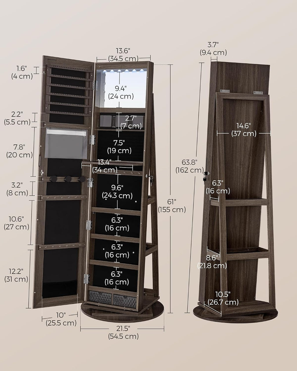 SONGMICS 6 LEDs Lockable Mirror Jewelry Cabinet, 360° Swivel Jewelry Organizer Armoire Standing, Frameless Full-Length Mirror, 3 Storage Shelves, Ash Brown Surface, Black Lining UJJC007K02