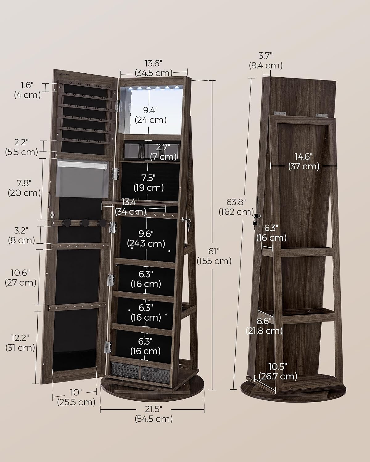 SONGMICS 6 LEDs Lockable Mirror Jewelry Cabinet, 360° Swivel Jewelry Organizer Armoire Standing, Frameless Full-Length Mirror, 3 Storage Shelves, Ash Brown Surface, Black Lining UJJC007K02