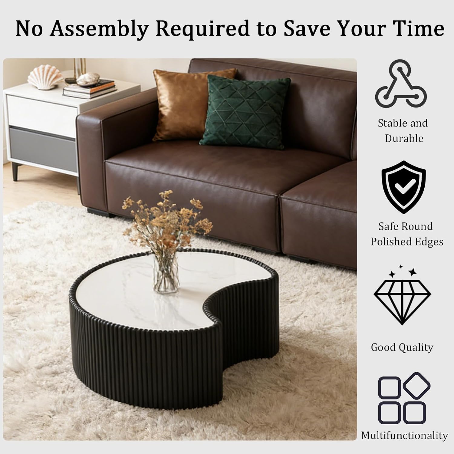 29.53' Black Round Coffee Table, Drum Coffee Table with Sintered Stone Tabletop and Fluted PU Leather Covered and Stable Base, Circle Cocktail Tea Table for Living Room