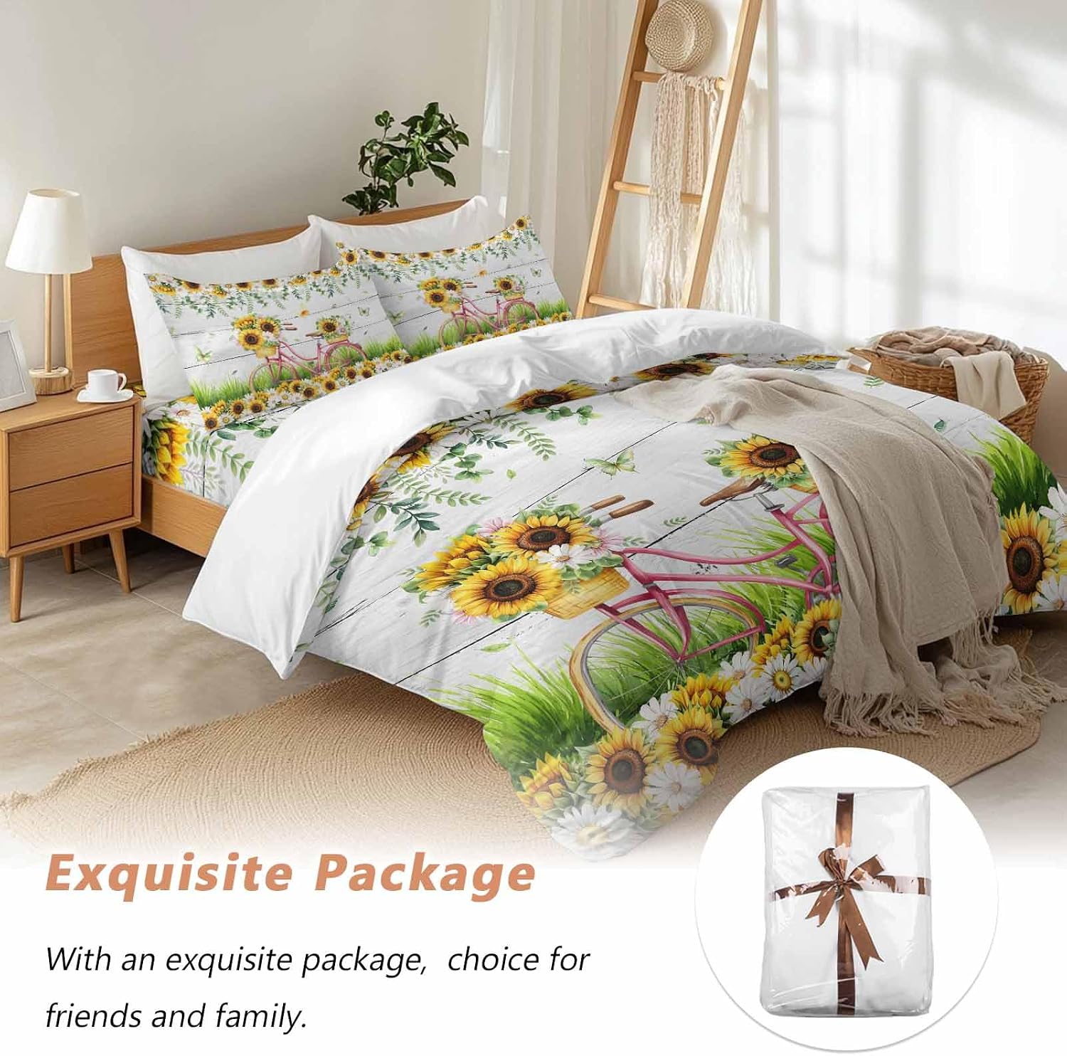 Spring Floral Duvet Cover Set Queen Size 4 Pieces Sunflower Daisy Bike Eucalyptus Leaves Grey Wood Bedding Set with Zipper Closure, 1 Comforter Cover 86x86 Inches 1 Flat Sheet & 2 Pillow Cases