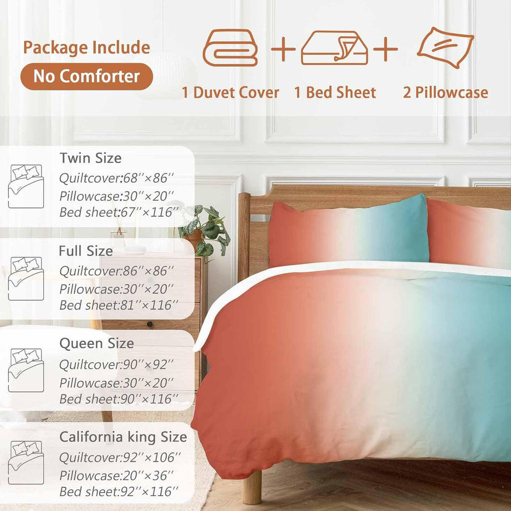 Gradient Orange Blue Duvet Cover Set Queen Size 4 Pieces Modern Abstract Minimalist Orange Ocean Beach Bedding Set with Zipper Closure, 1 Comforter Cover 92x106 Inches 1 Flat Sheet & 2 Pillow Cases