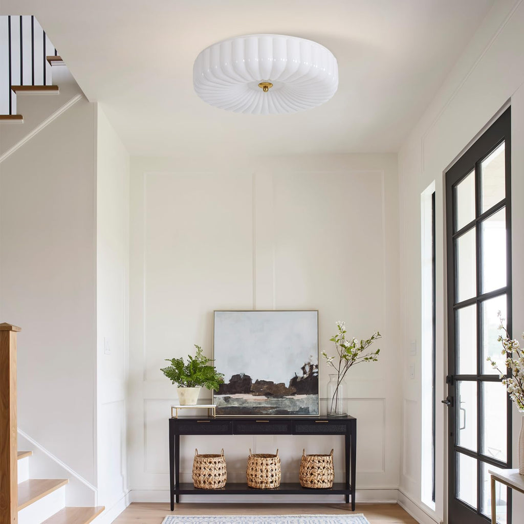 KCO Lighting White Ribbed Glass Flush Mount Ceiling Light Large Milk Glass Ceiling Lights Round LED Semi Flush Mount Ceiling Light Fixture Contemporary Hallway Ceiling Lighting