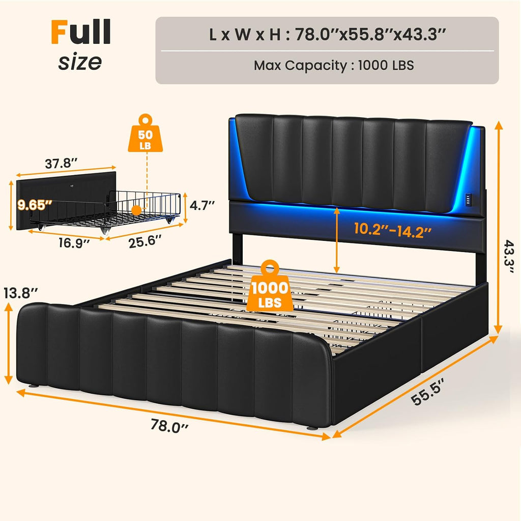 AOGLLATI Full Size Bed Frame with Headboard, 4 Storage Drawers, LED Lights, USB Ports, Wooden Slats Support, No Box Spring Needed