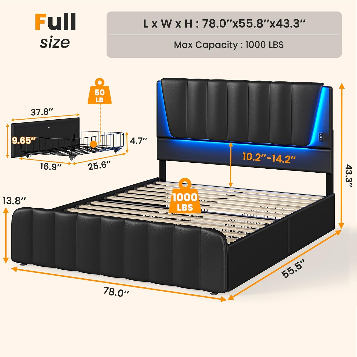 AOGLLATI Full Size Bed Frame with Headboard, 4 Storage Drawers, LED Lights, USB Ports, Wooden Slats Support, No Box Spring Needed