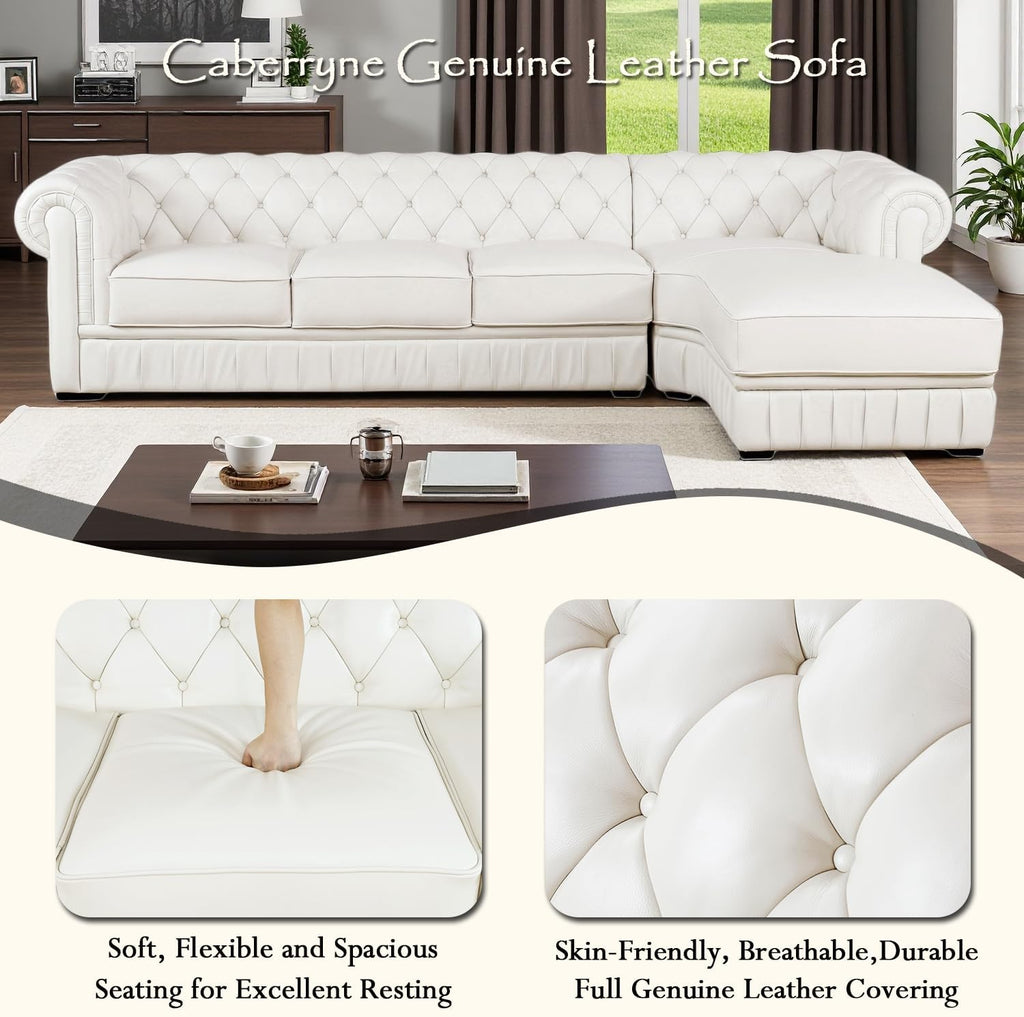 Genuine Leather Sectional Couch, L Shape Top Grain Leather Sofa with 5 Seaters for Living Room Furniture Set, Chesterfield Couches with Button Tufted Design for House/Lounge,Cream