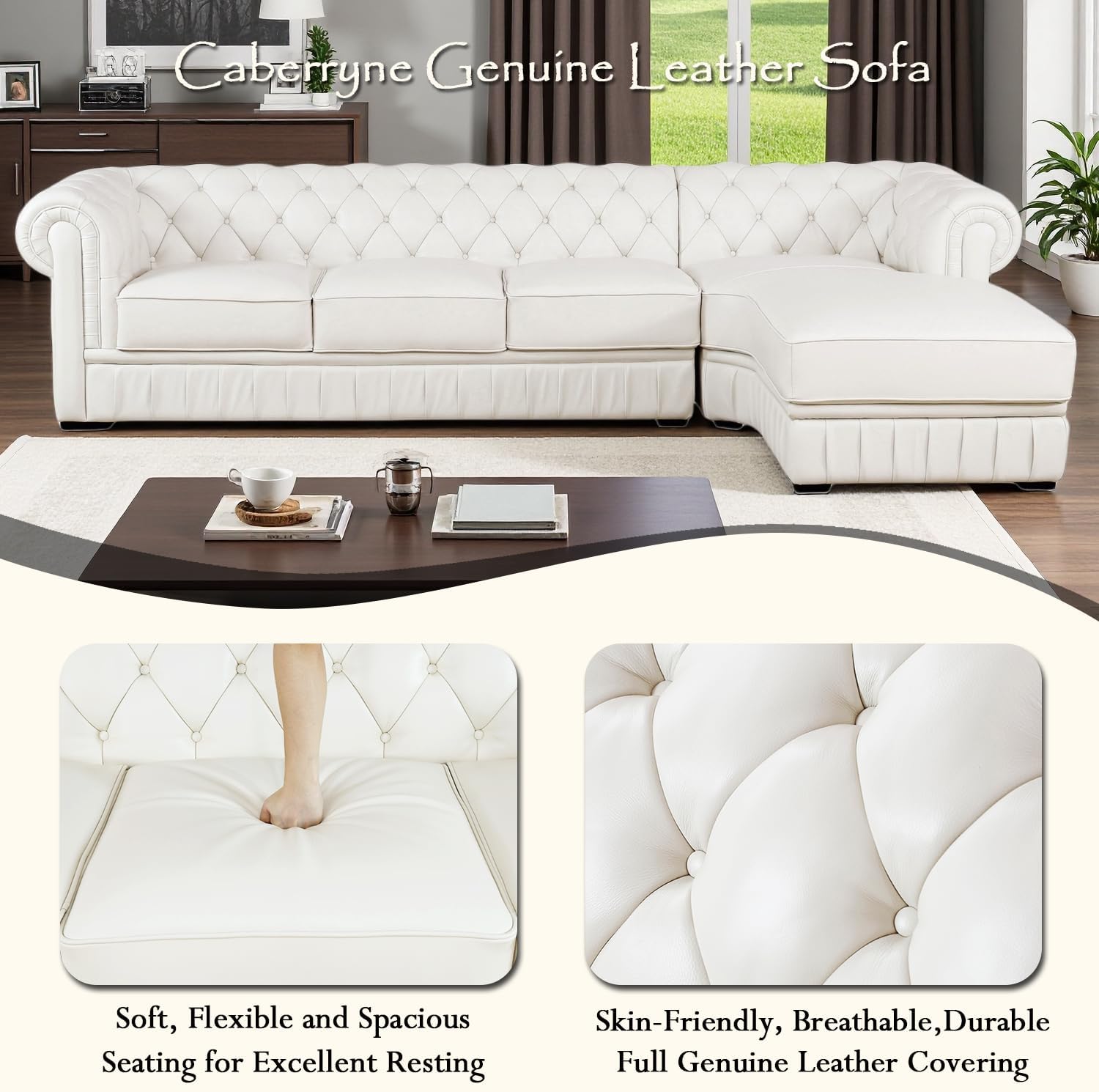 Genuine Leather Sectional Couch, L Shape Top Grain Leather Sofa with 5 Seaters for Living Room Furniture Set, Chesterfield Couches with Button Tufted Design for House/Lounge,Cream