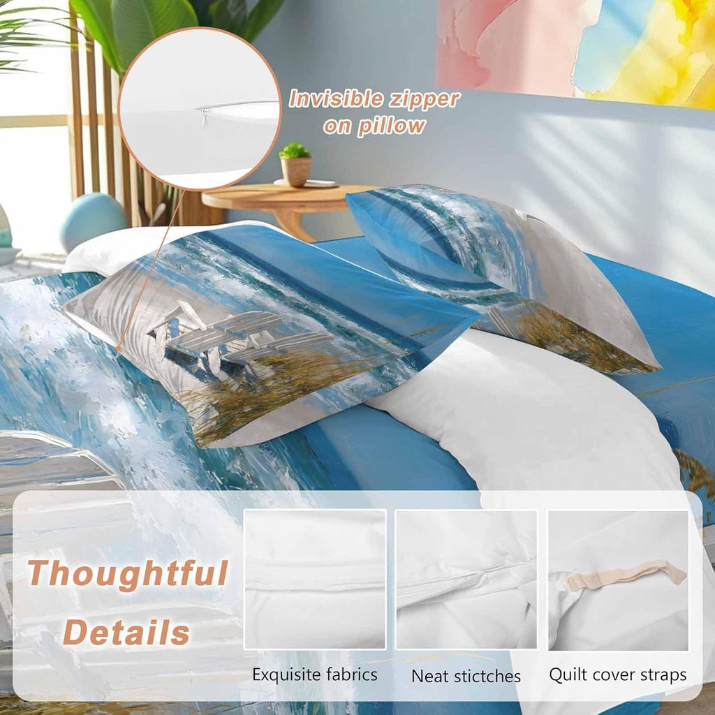Prime Leader White Chairs Duvet Cover Set Queen Size 4 Pieces American Country Beach Ocean Bedding Set with Zipper Closure, 1 Comforter Cover 92x106 Inches 1 Flat Sheet & 2 Pillow Cases