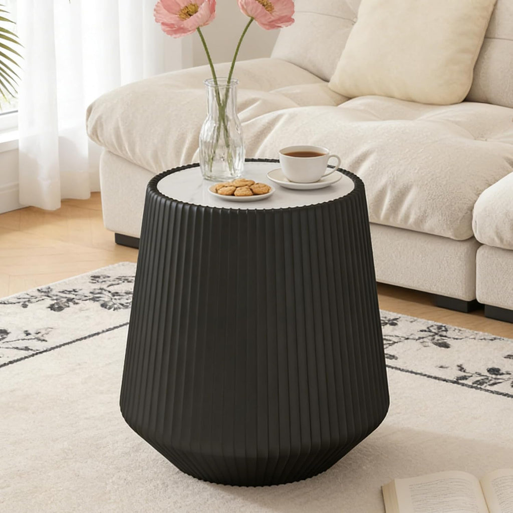19.68' Black Round Coffee Table, Drum Coffee Table with Sintered Stone Tabletop and Fluted PU Leather Covered and Stable Base, Circle Cocktail Tea Table for Living Room
