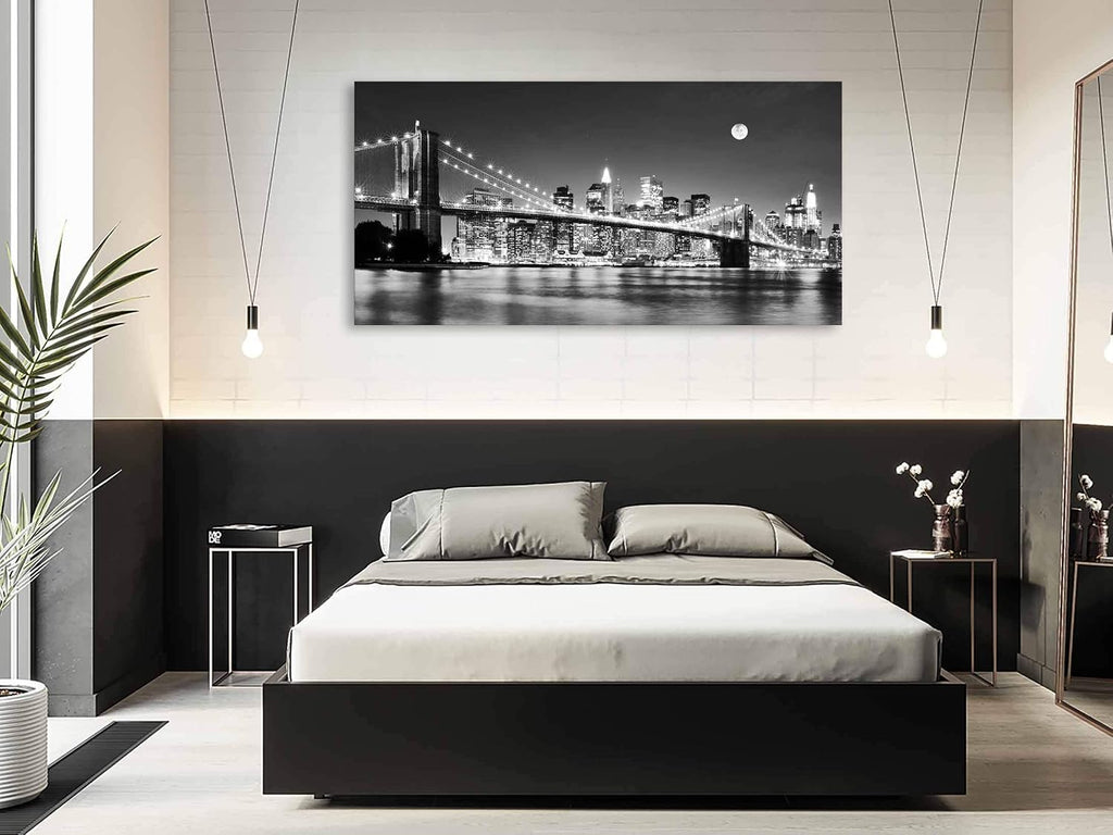 Baisuart-Q30375 Brooklyn Bridge Night View 1 Panels Landscape Artwork Canvas Prints Moon Night New York City Scene Picture Paintings Black and white Wall Art for Oiffce Home Decorations Wall Decor