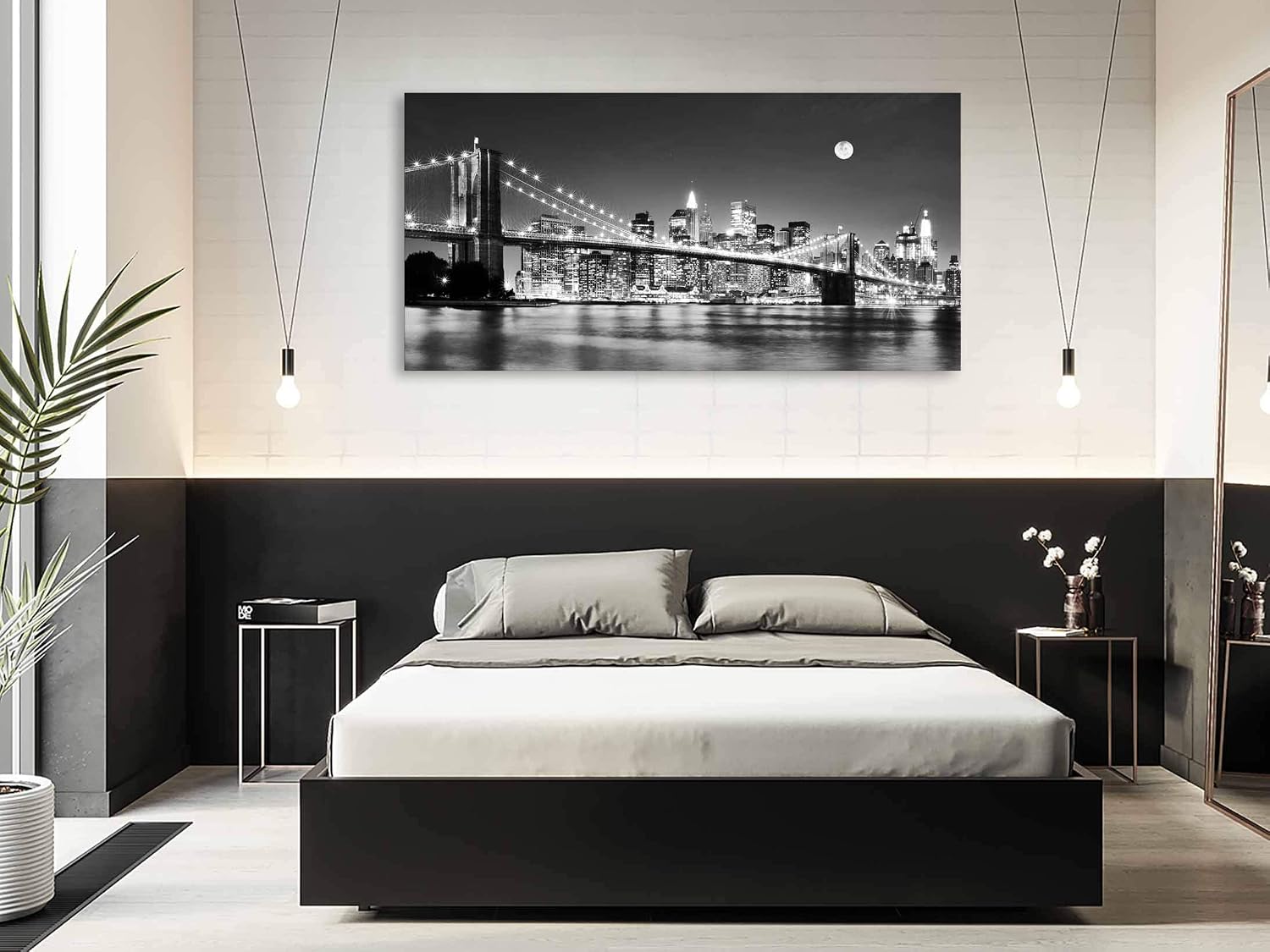 Baisuart-Q30375 Brooklyn Bridge Night View 1 Panels Landscape Artwork Canvas Prints Moon Night New York City Scene Picture Paintings Black and white Wall Art for Oiffce Home Decorations Wall Decor