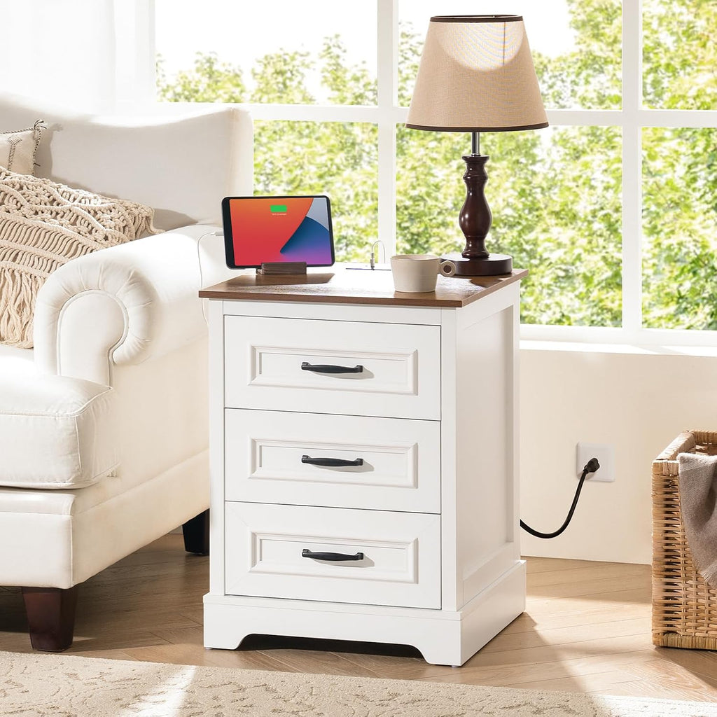 Farmhouse Nightstand with Charging Station- Wood Night Stand Set 2, 3 Drawer Nightstands Set of 2, Bedside Table with Storage, Rustic Night Stands for Bedroom, Closet, 18' Wide, 24' Tall