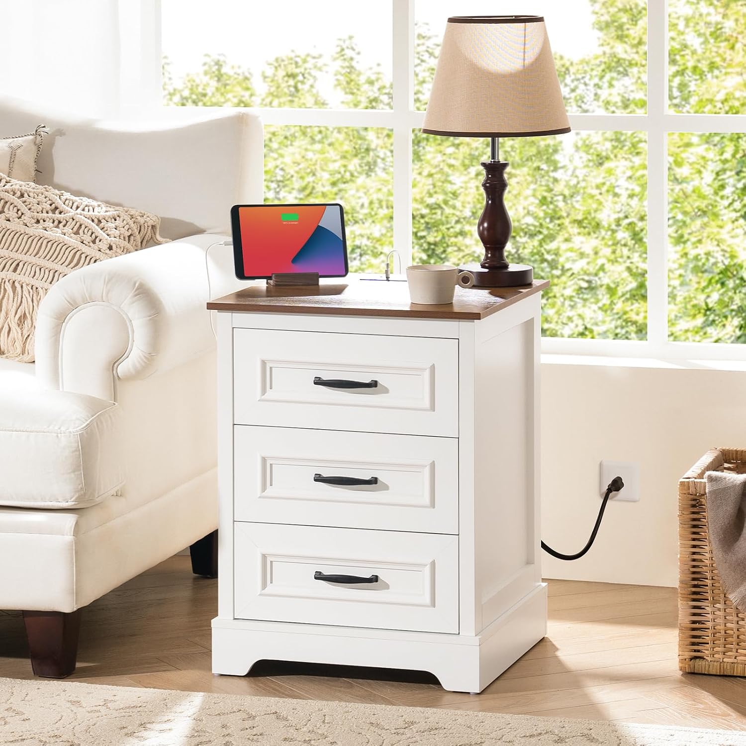 Farmhouse Nightstand with Charging Station- Wood Night Stand Set 2, 3 Drawer Nightstands Set of 2, Bedside Table with Storage, Rustic Night Stands for Bedroom, Closet, 18' Wide, 24' Tall
