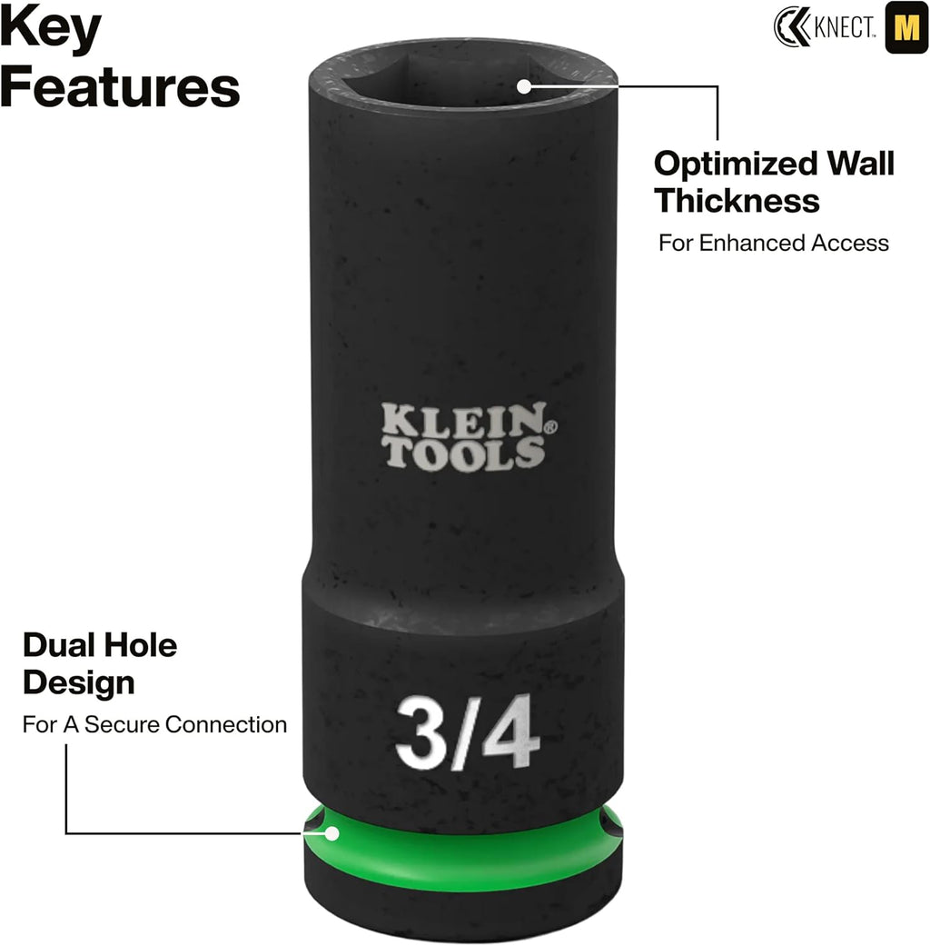 Klein Tools 65123HD KNECT Deep-Well Impact Socket Set, 1/2-Inch Drive, SAE and Metric, 28-Piece Tool Set, 1/4-Inch Impact Driver, Wrench Extensions, Color-Coded, Removable Socket Organizer