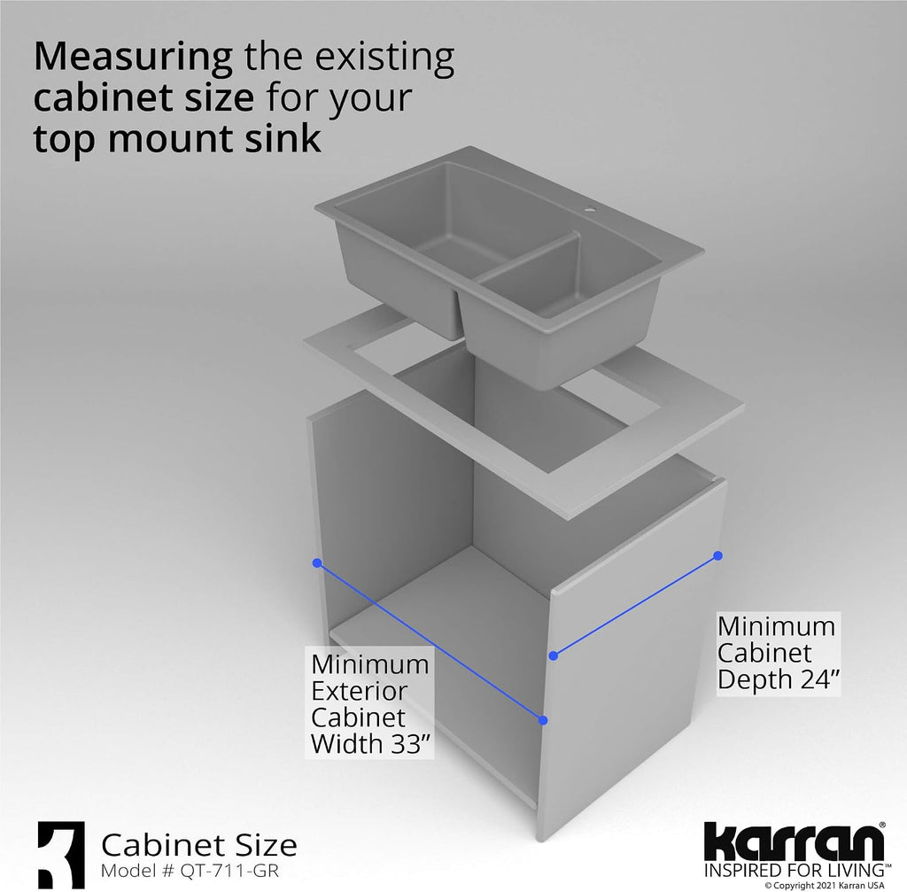 Karran 33 Inch Drop In Double Bowl Kitchen Sink – 60/40 Quartz Composite Granite Top Mount Sink, Deep Basins, 1 Hole with Additional Knockouts, Heat & Scratch Resistant in Grey