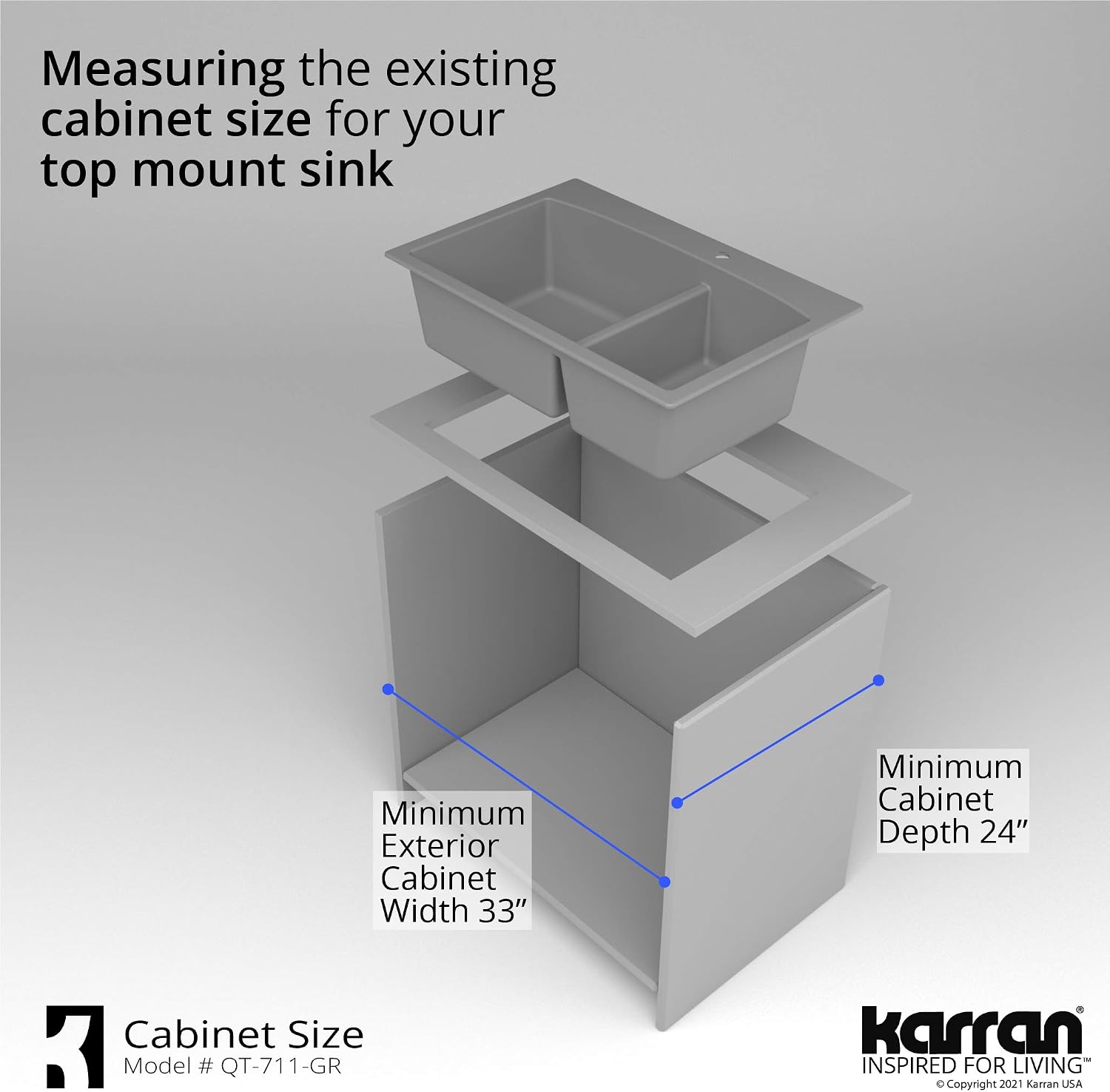 Karran 33 Inch Drop In Double Bowl Kitchen Sink – 60/40 Quartz Composite Granite Top Mount Sink, Deep Basins, 1 Hole with Additional Knockouts, Heat & Scratch Resistant in Grey