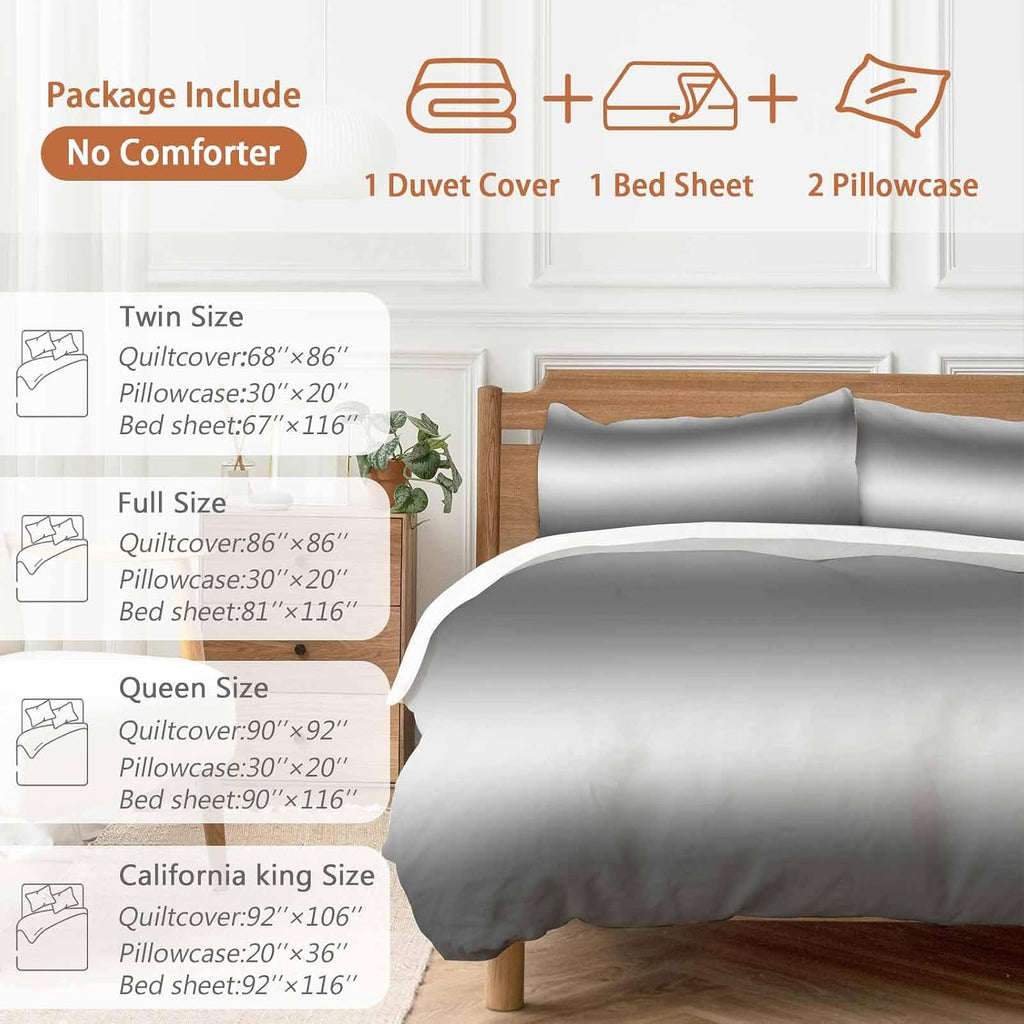 Prime Leader Gradient Gray Duvet Cover Set Queen Size 4 Pieces Modern Minimalist Black Gray Ocean Beach Bedding Set with Zipper Closure, 1 Comforter Cover 92x106 Inches 1 Flat Sheet & 2 Pillow Cases