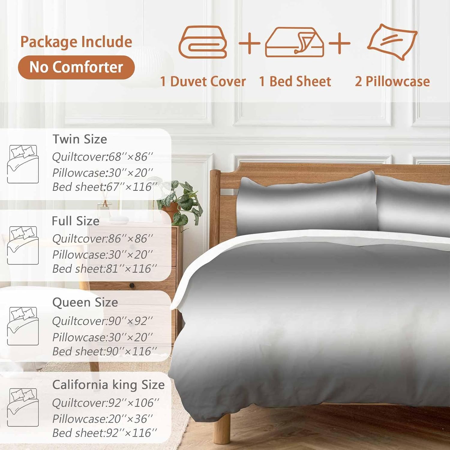 Prime Leader Gradient Gray Duvet Cover Set Queen Size 4 Pieces Modern Minimalist Black Gray Ocean Beach Bedding Set with Zipper Closure, 1 Comforter Cover 92x106 Inches 1 Flat Sheet & 2 Pillow Cases