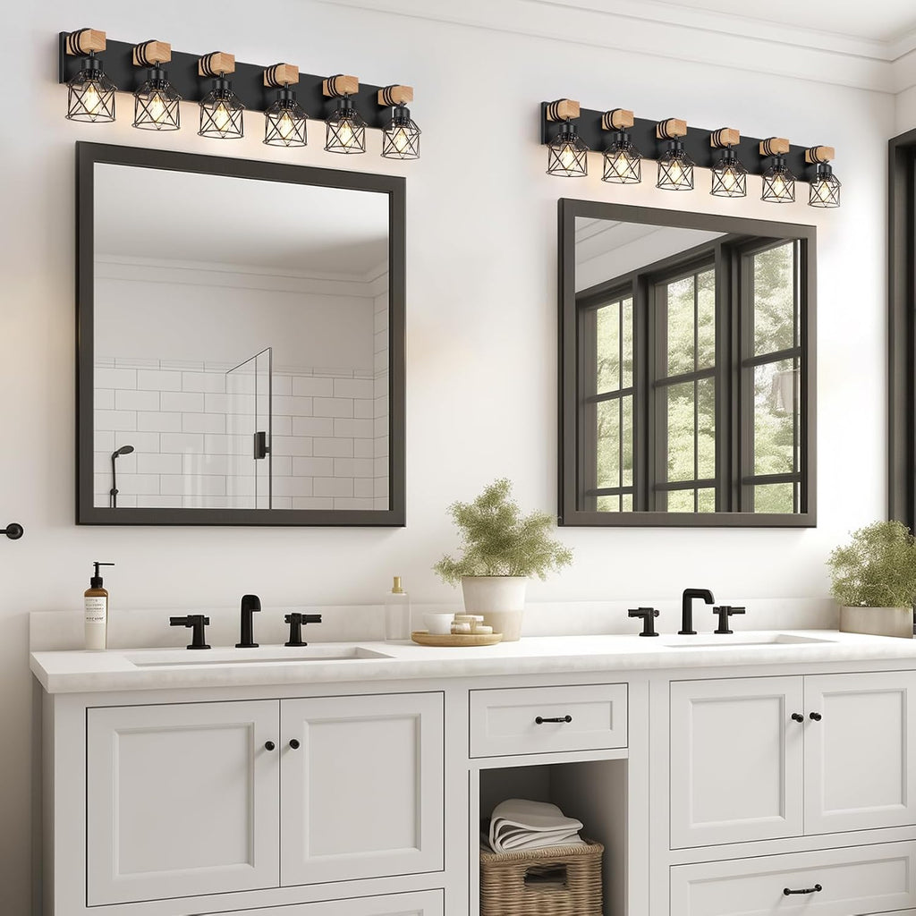 FadimiKoo 6-Light Farmhouse Bathroom Lighting Fixtures, Wood Black Vanity Lights Over Mirror, Rustic Wall Sconces Lighting with Metal Lampshade, Vintage Wall Lights for Bedroom, Living Room, Hallway
