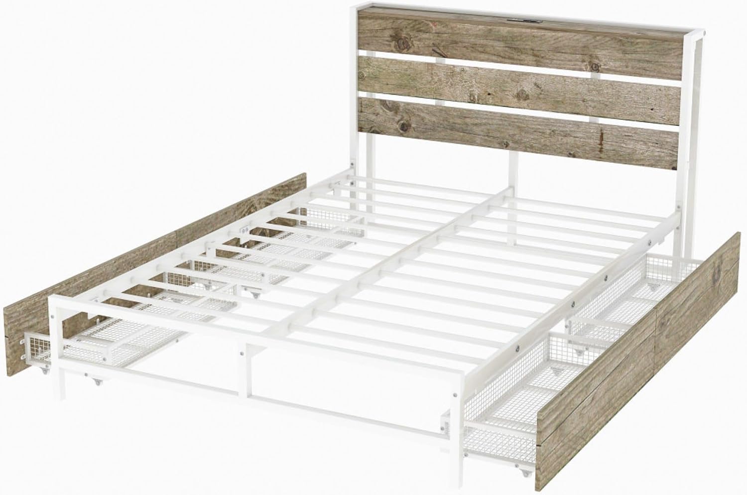 Rustic Wood Platform Bed Frame with 4-Drawer Storage, Charging Station Headboard, 12 Metal Slats, No Box Spring Needed, USB Ports & Outlets, Full Size Modern Bedroom Furniture Set