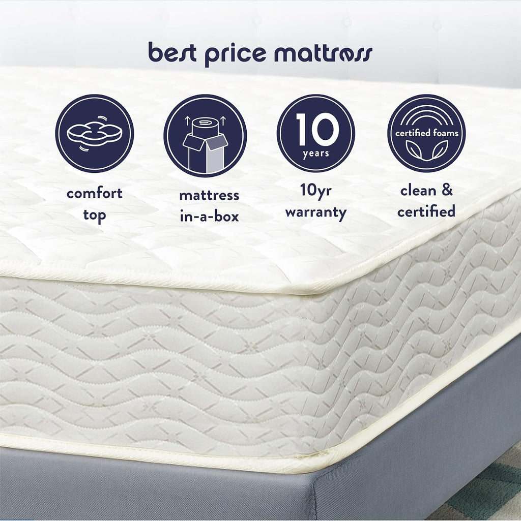 Best Price Mattress 8 Inch Tight Top Innerspring Hybrid Mattress - Comfort Foam Top with Bonnell Spring Base, Queen, White