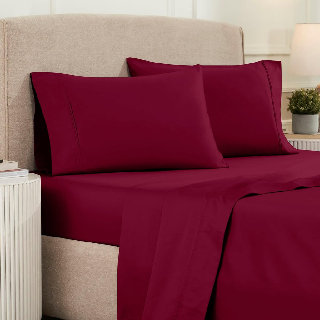 Superior 1200 Thread Count Egyptian Cotton Sheet Set, Bedroom Sheets, Modern Home Essentials, Luxury Bedding, 1 Elastic Deep Pocket Fitted Bed Sheet, 1 Flat Sheet, 2 Pillowcases, Queen, Burgundy