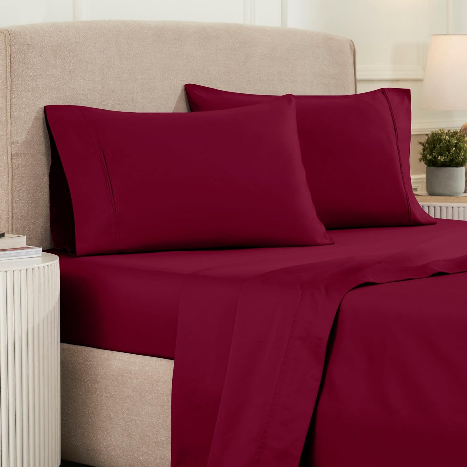 Superior 1200 Thread Count Egyptian Cotton Sheet Set, Bedroom Sheets, Modern Home Essentials, Luxury Bedding, 1 Elastic Deep Pocket Fitted Bed Sheet, 1 Flat Sheet, 2 Pillowcases, Queen, Burgundy