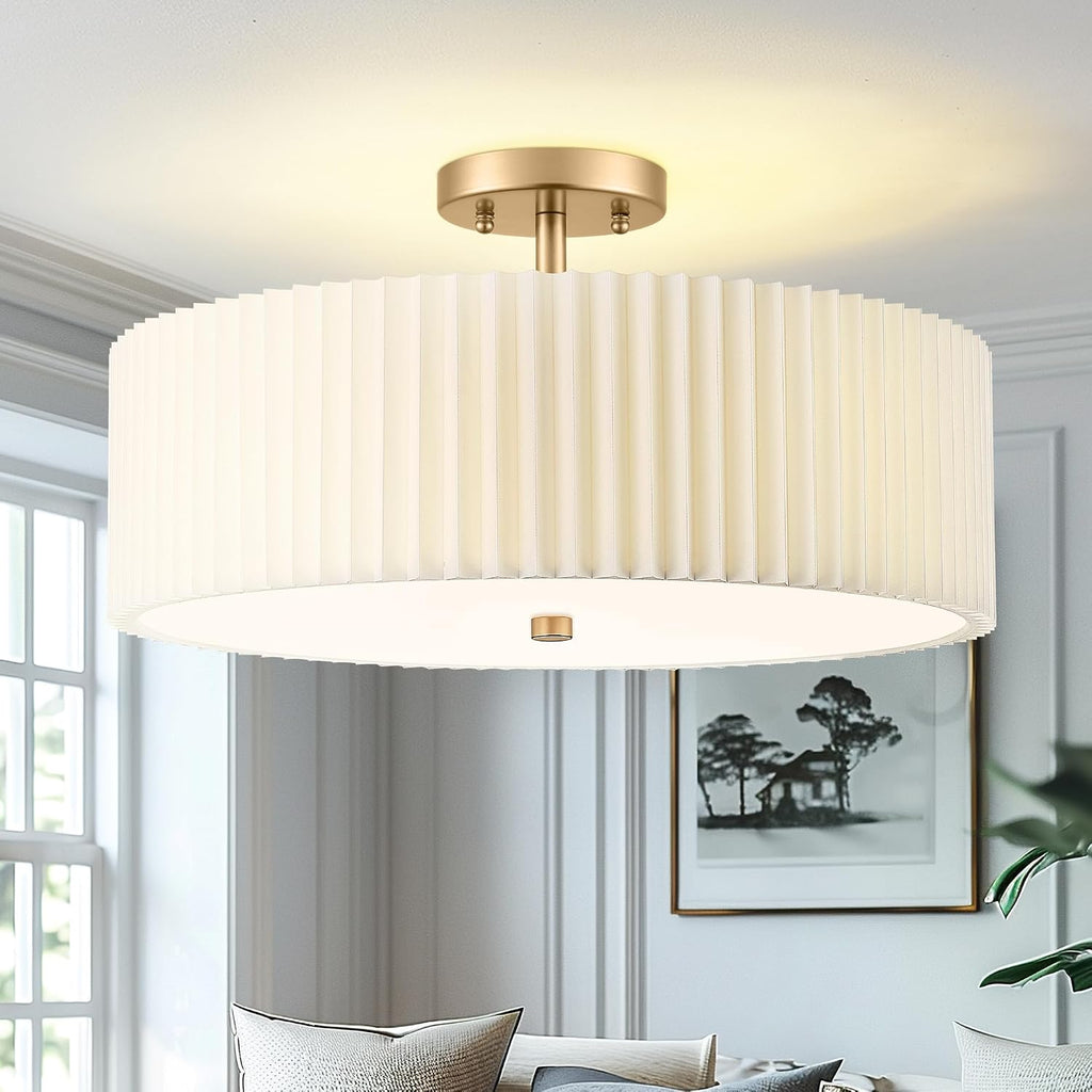 Gold Semi Flush Mount Ceiling Lights, 4-Light 18' Ceiling Light Fixture with White Pleated Fabric Shade, Drum Lamp for Nursery Hallway Bedroom Kitchen, AD-25036-4SF-GD