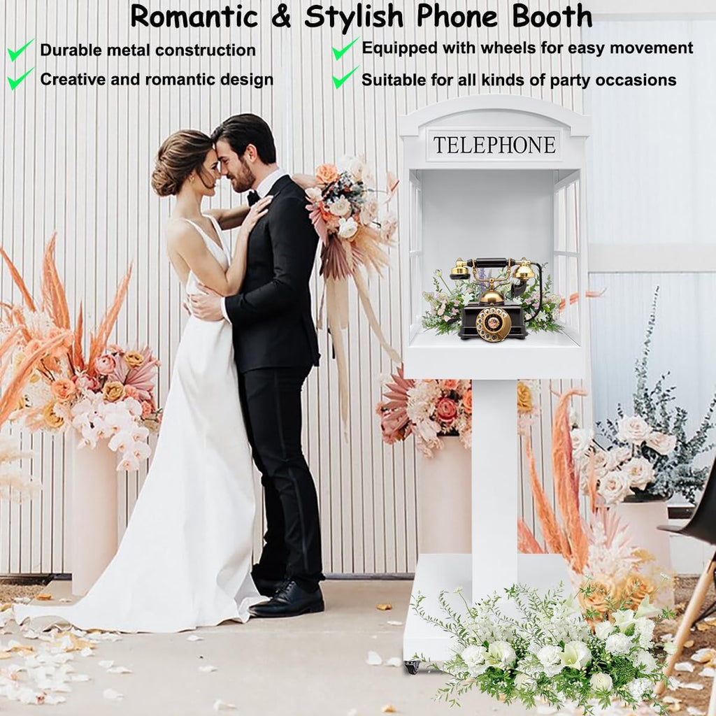 Audio Guest Book Phone Booth Stand with Wheels, Romantic Metal Audio Guestbook Telephone Booth for Wedding Birthdays Party Graduation Baby Shower Retirement Special Occasions Decoration