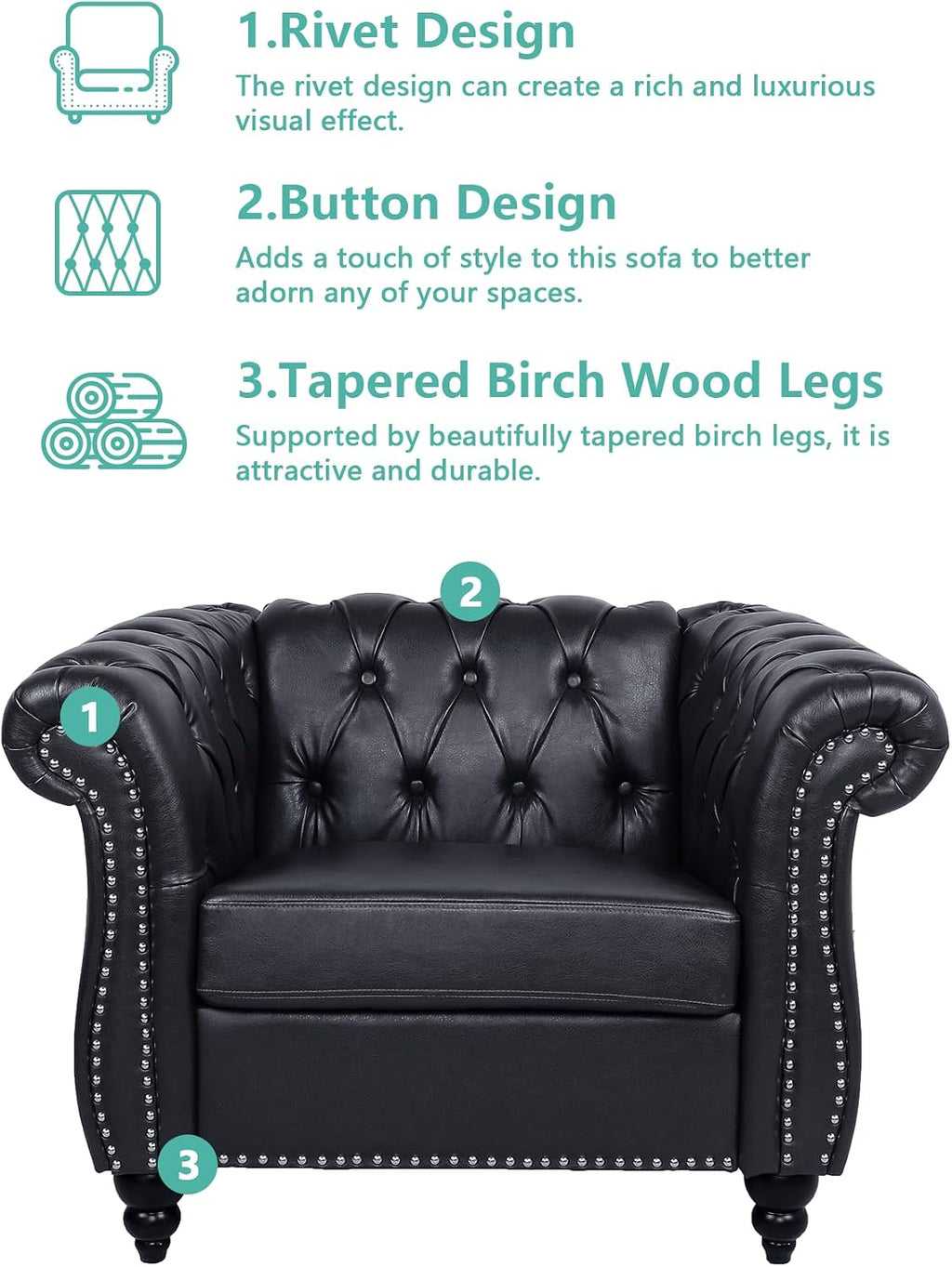 QHITTY Accent Chair, Chesterfield Chair Modern Leather Upholstered Chair with Tufted Back for Living Room Furniture (Black)
