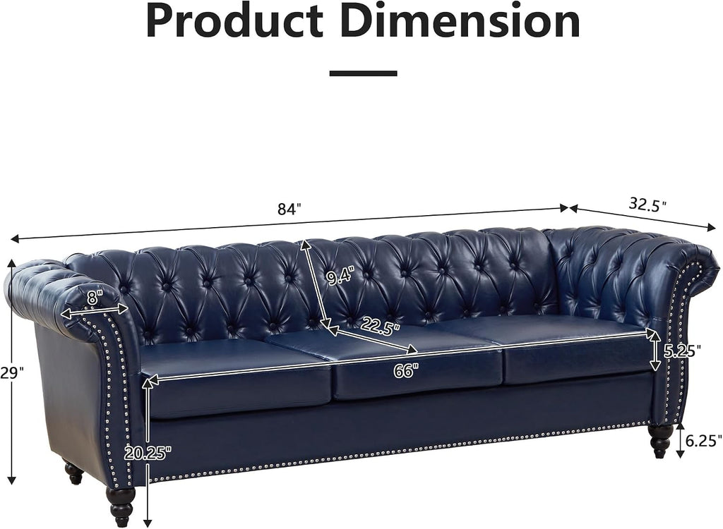 QHITTY Accent Large Sofa, Chesterfield Couch 3 Seater Modern Leather Couch Upholstered Sofa with Tufted Back for Living Room Furniture (Blue)
