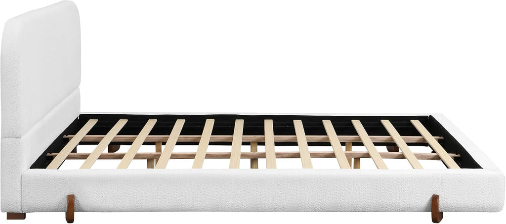 Curve-Shaped Upholstered Platform Bed with Curved Shaped Headboard, King Size Wood Bed Frame with Unique Design Legs for Bedroom Furniture, Chenille Thick Fabric Grounded Bed (White, California King)