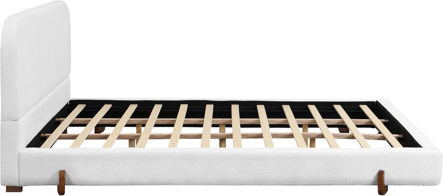 Curve-Shaped Upholstered Platform Bed with Curved Shaped Headboard, King Size Wood Bed Frame with Unique Design Legs for Bedroom Furniture, Chenille Thick Fabric Grounded Bed (White, California King)