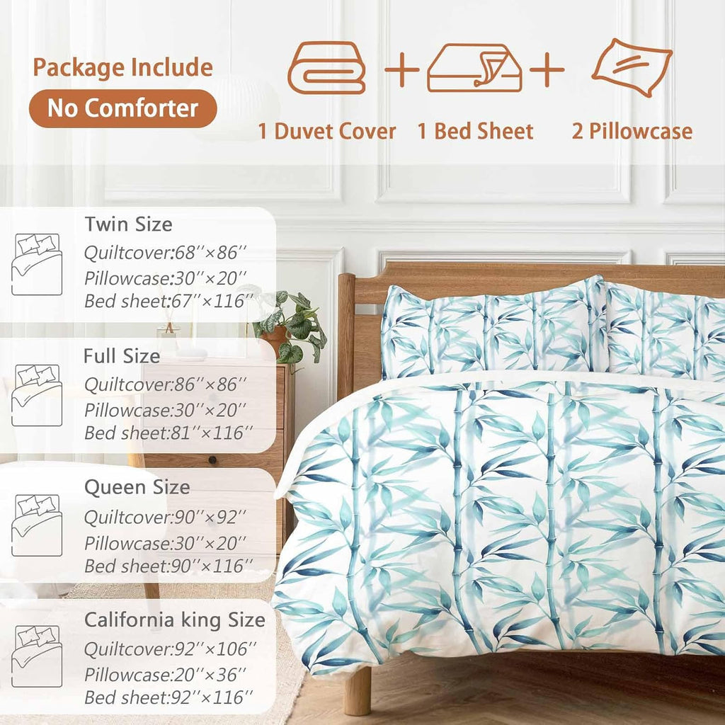 Blue Leaves Duvet Cover Set Queen Size 4 Pieces Minimalist Natural Style Ink Painting Modern Bedding Set with Zipper Closure, 1 Comforter Cover 92x106 Inches 1 Flat Sheet & 2 Pillow Cases