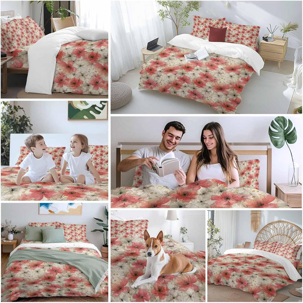 Spring Florals Duvet Cover Set Queen Size 4 Pieces Red White Floral Vintage Water Ink Painting Bedding Set with Zipper Closure, 1 Comforter Cover 92x106 Inches 1 Flat Sheet & 2 Pillow Cases