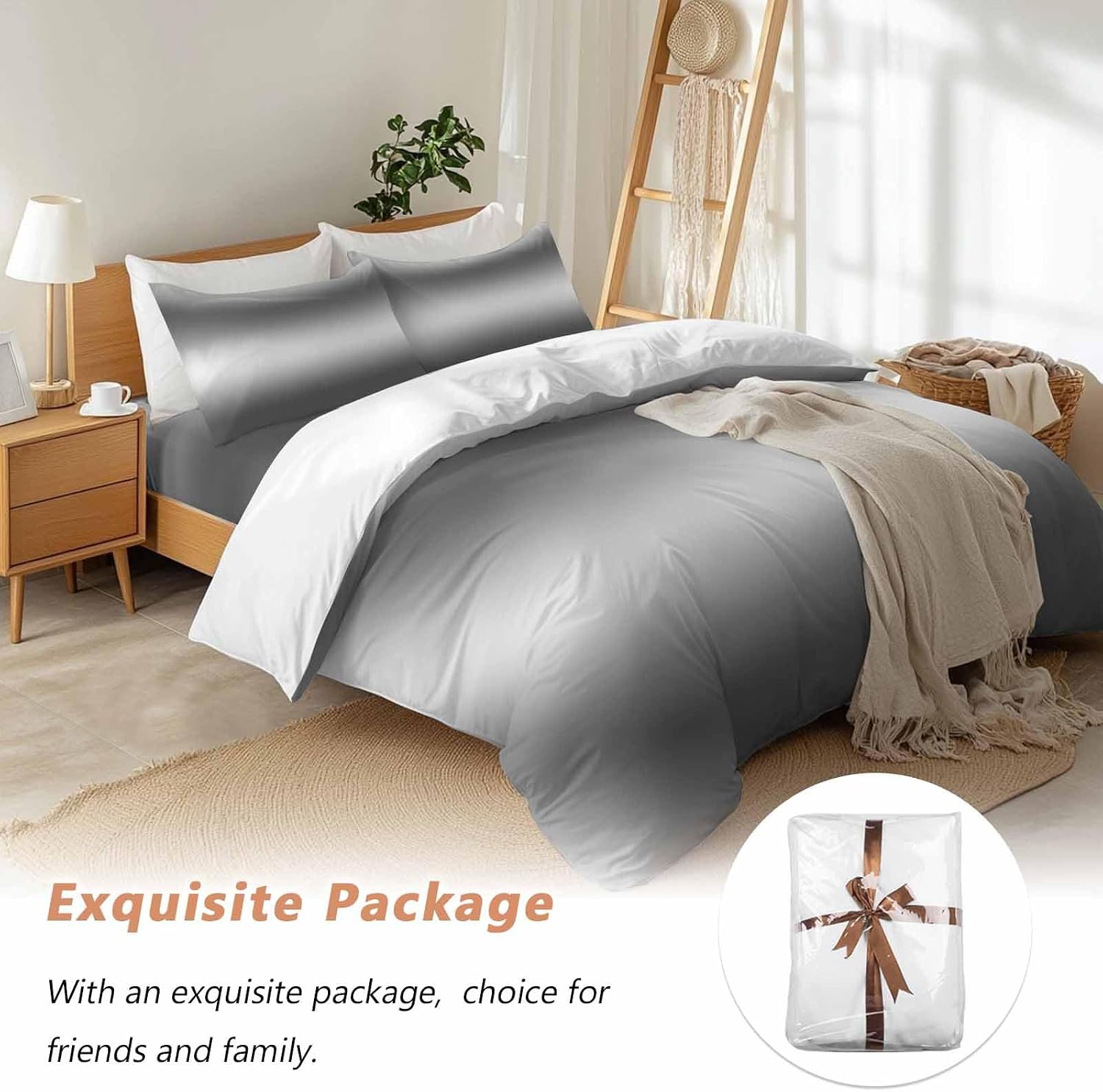 Prime Leader Gradient Gray Duvet Cover Set Queen Size 4 Pieces Modern Minimalist Black Gray Ocean Beach Bedding Set with Zipper Closure, 1 Comforter Cover 90x92 Inches 1 Flat Sheet & 2 Pillow Cases