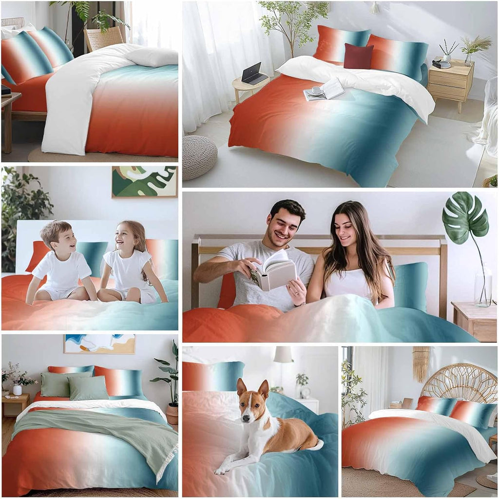 Gradient Orange Blue Duvet Cover Set Queen Size 4 Pieces Modern Abstract Minimalist Ocean Beach Bedding Set with Zipper Closure, 1 Comforter Cover 90x92 Inches 1 Flat Sheet & 2 Pillow Cases
