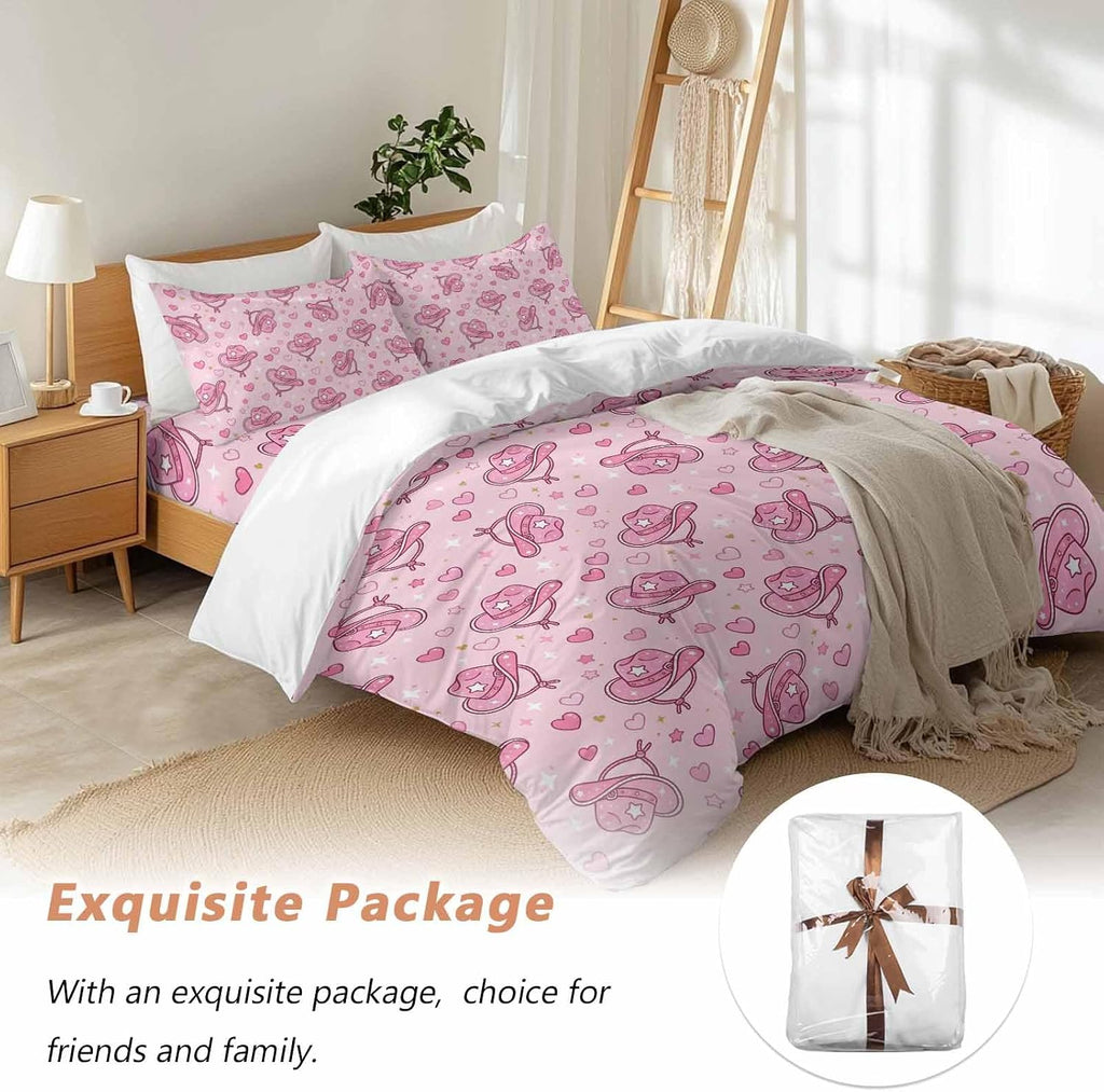 Pink Heart Cowboy Hat Duvet Cover Set Queen Size 4 Pieces Modern Minimalist Sparkling Love Star Bedding Set with Zipper Closure, 1 Comforter Cover 86x86 Inches 1 Flat Sheet & 2 Pillow Cases