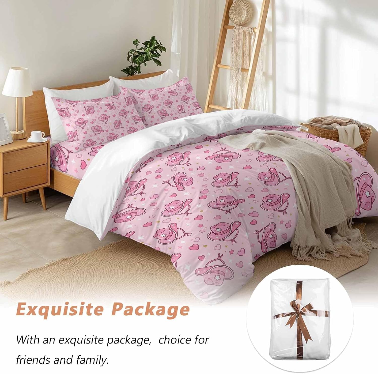 Pink Heart Cowboy Hat Duvet Cover Set Queen Size 4 Pieces Modern Minimalist Sparkling Love Star Bedding Set with Zipper Closure, 1 Comforter Cover 86x86 Inches 1 Flat Sheet & 2 Pillow Cases