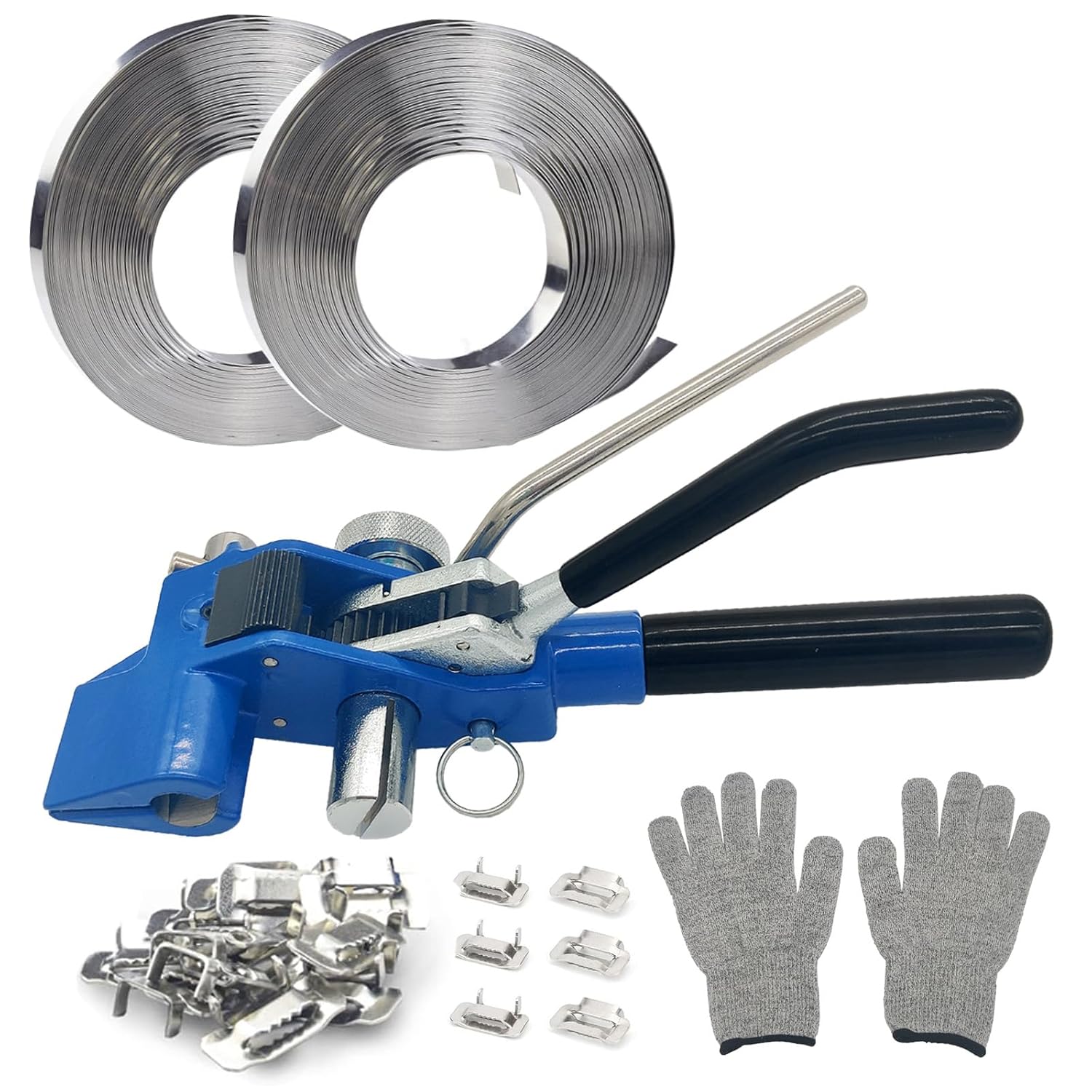 Banding Strapping kit, 200 ft Length 304 Stainless Steel Strapping 100 Metal Buckle with Cut Resistant Gloves, Metal Banding Tool for Pallets, Logistics, Warehouse
