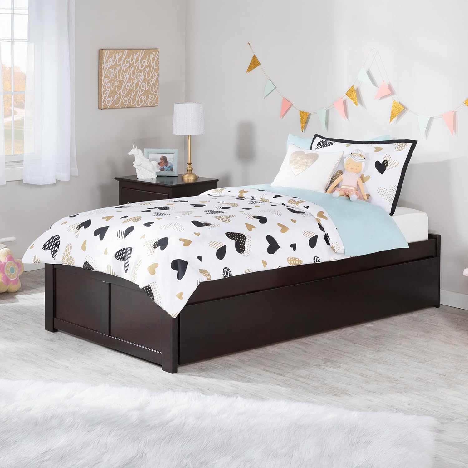 AFI Concord Twin XL Size Platform Bed with Footboard & Twin XL Trundle in Espresso
