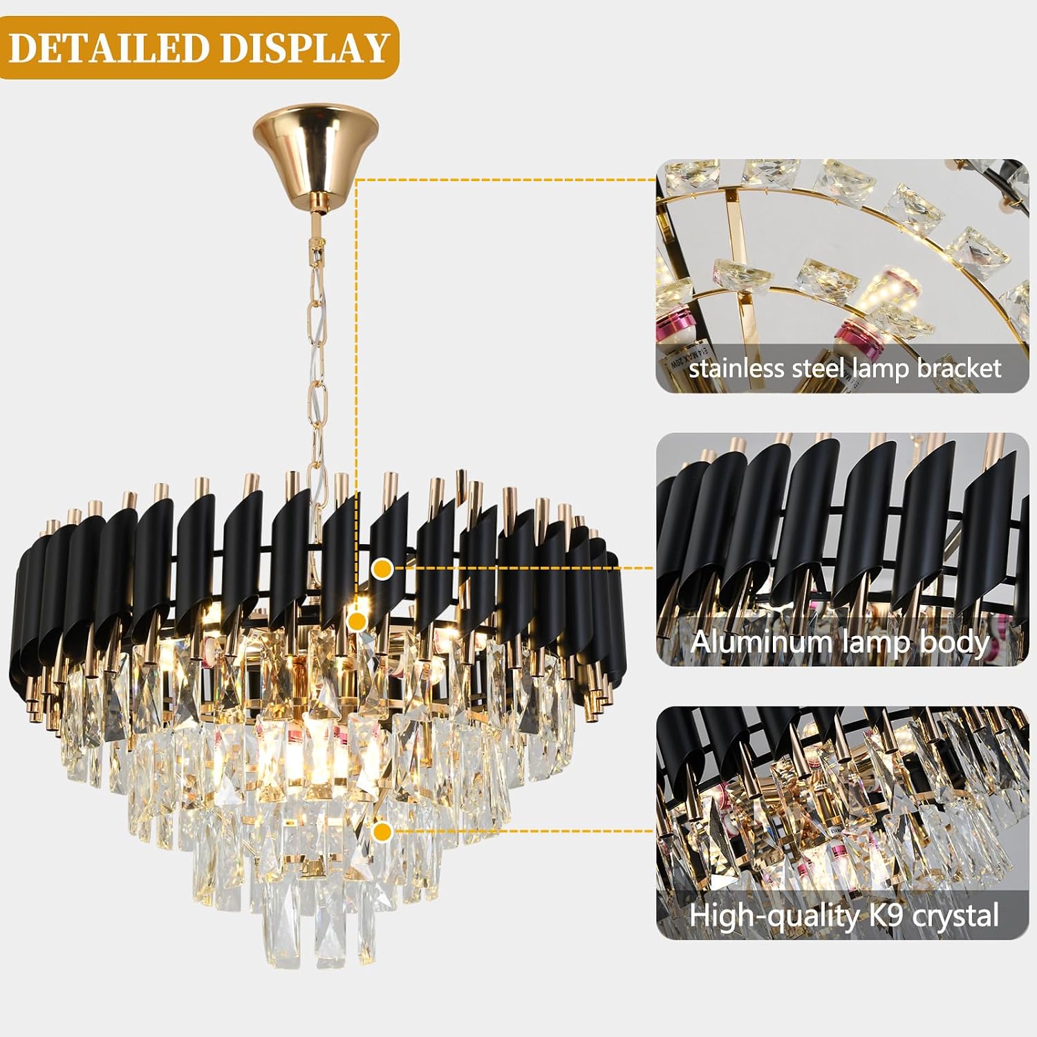 Modern Crystal Chandelier, 9-Light Black and Gold Round Pendant Light Fixture, 23.6' Luxury Hanging Ceiling Light for Dining Room, Living Room, Kitchen Island, Bedroom, Entryway, E12 Base