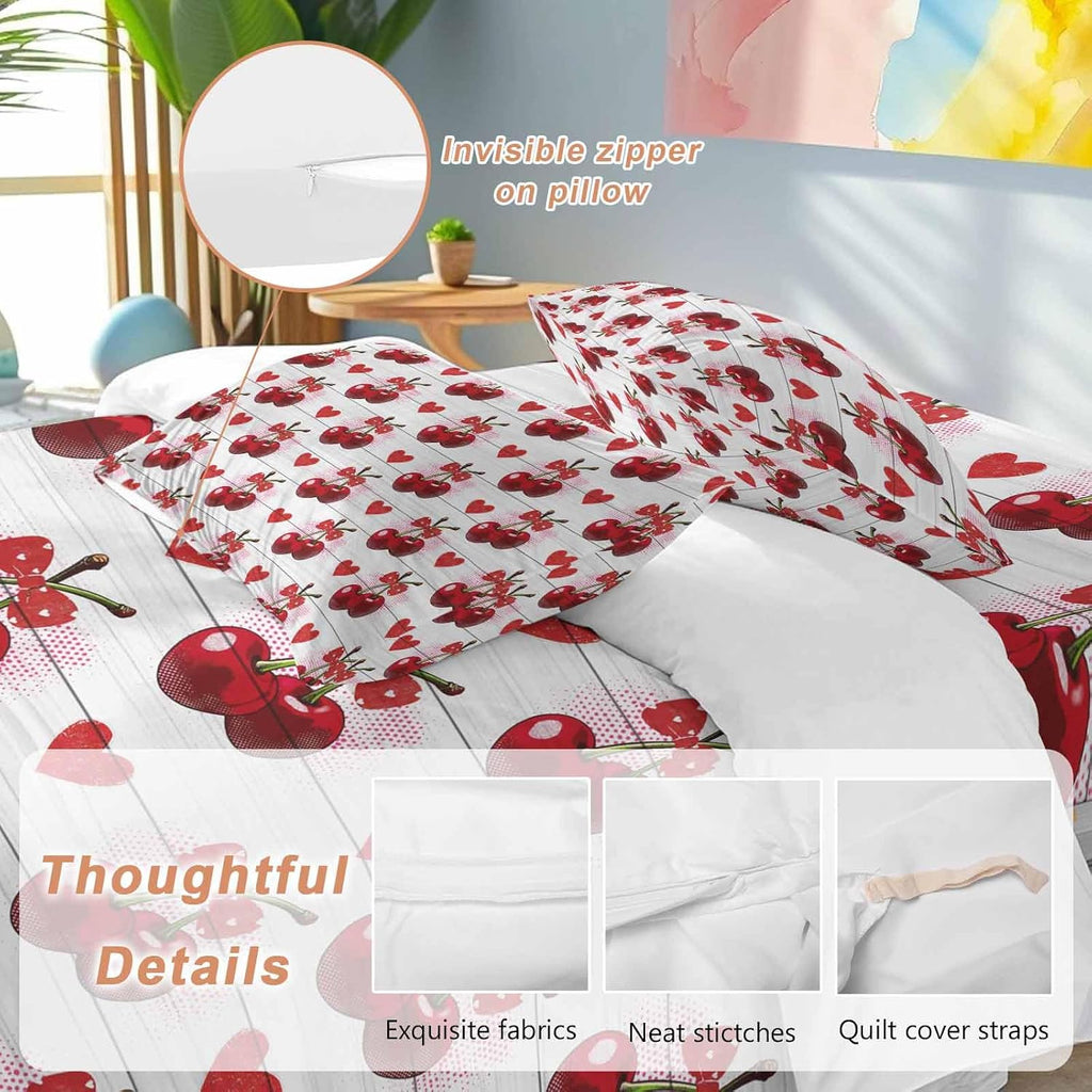 Prime Leader Cherry Duvet Cover Set Queen Size 4 Pieces Watercolor Red Fruit Love Wave Point Wood Grain Bedding Set with Zipper Closure, 1 Comforter Cover 92x106 Inches 1 Flat Sheet & 2 Pillow Cases