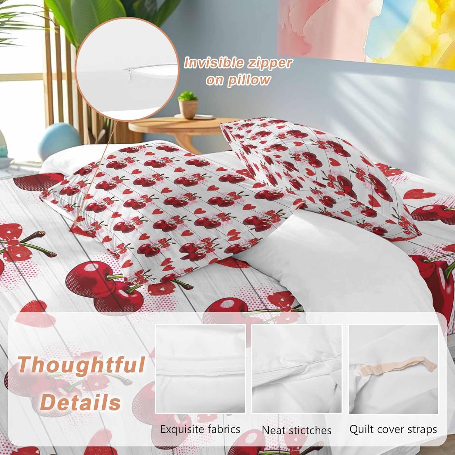 Prime Leader Cherry Duvet Cover Set Queen Size 4 Pieces Watercolor Red Fruit Love Wave Point Wood Grain Bedding Set with Zipper Closure, 1 Comforter Cover 92x106 Inches 1 Flat Sheet & 2 Pillow Cases