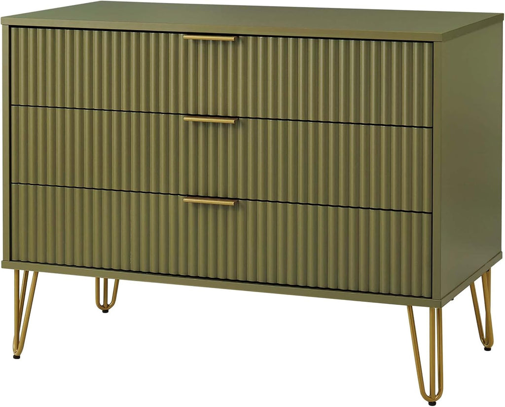 Manhattan Comfort Dumbo Modern 3 Drawer Dresser with Fluted Ribbed Front, No Tool Assembly, Hairpin Splayed Gold Metal Legs, Storage Chest, Entryway Cabinet for Bedroom, Living Room in Olive Green