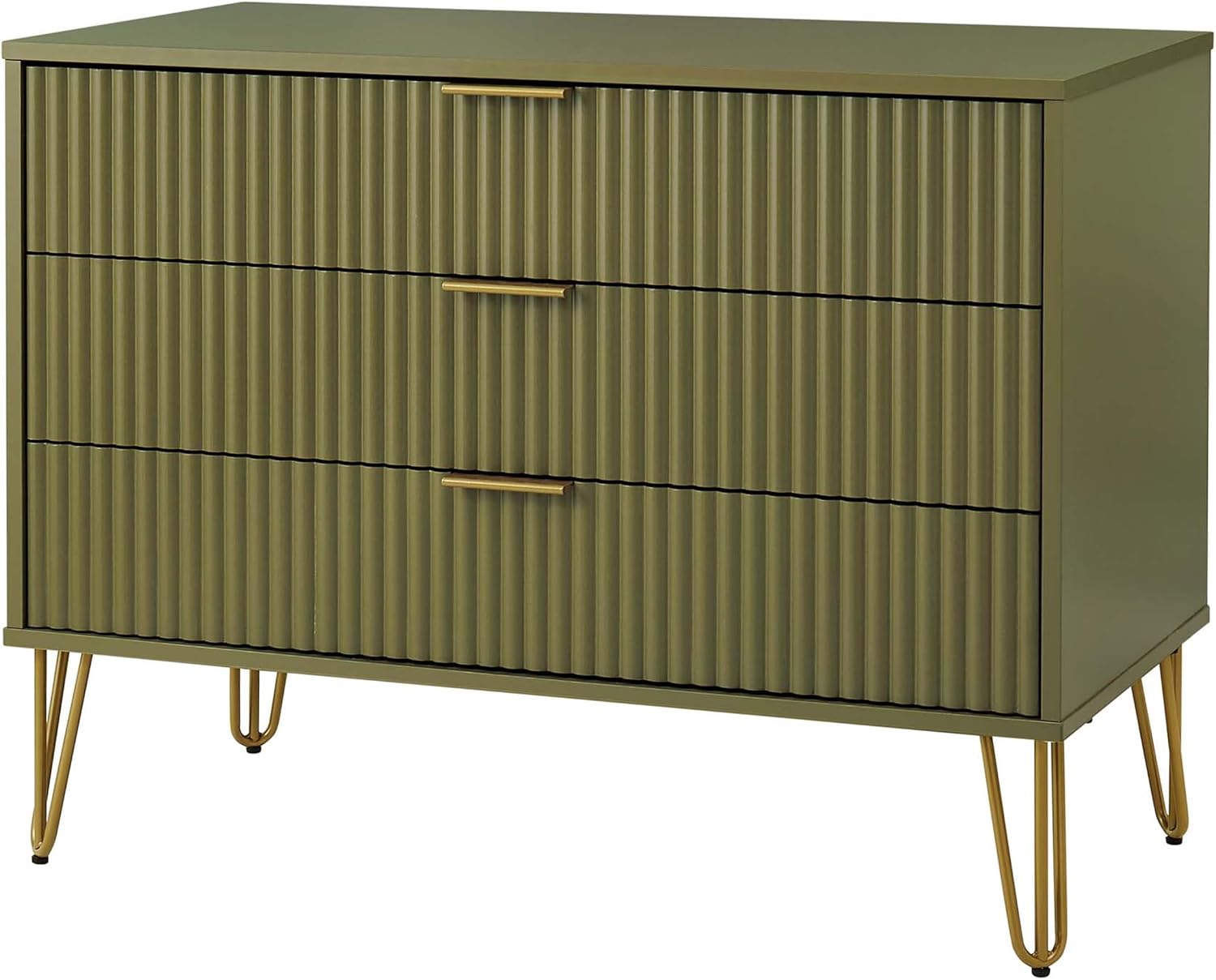Manhattan Comfort Dumbo Modern 3 Drawer Dresser with Fluted Ribbed Front, No Tool Assembly, Hairpin Splayed Gold Metal Legs, Storage Chest, Entryway Cabinet for Bedroom, Living Room in Olive Green