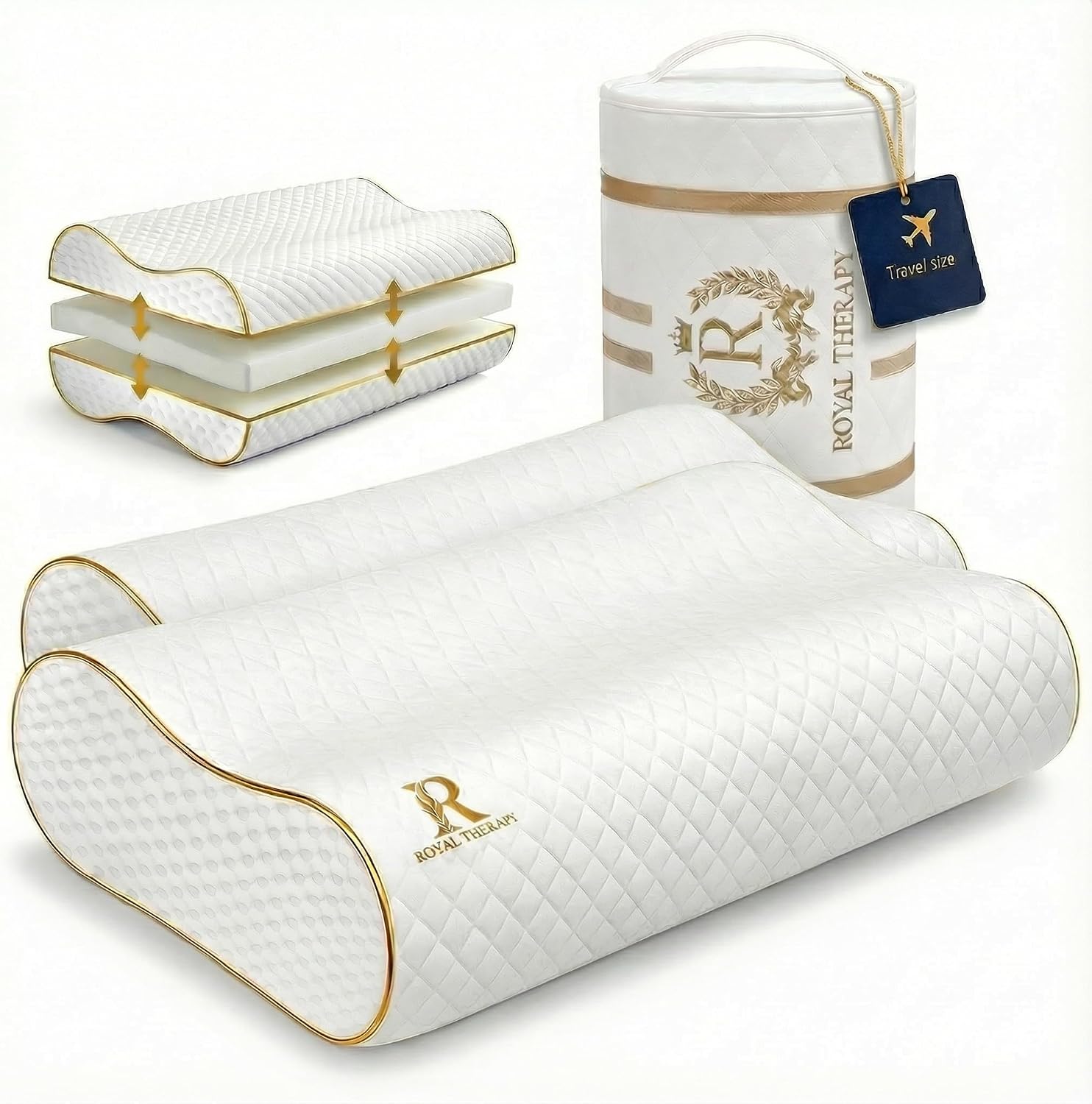 Royal Therapy Travel Memory Foam Pillow 2-Pack, Neck Pillow Bamboo Adjustable Side Sleeper Pillow